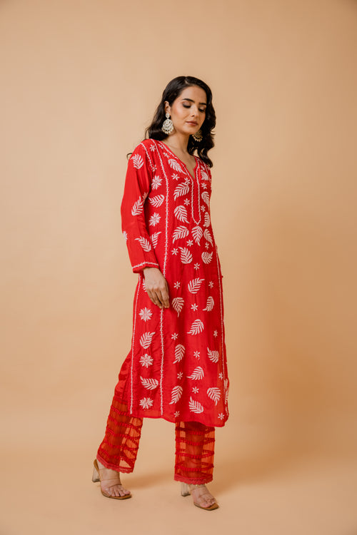 Load image into Gallery viewer, Fizaa Chikankari Crepe Silk Kurta for Women in Red Notch Neck
