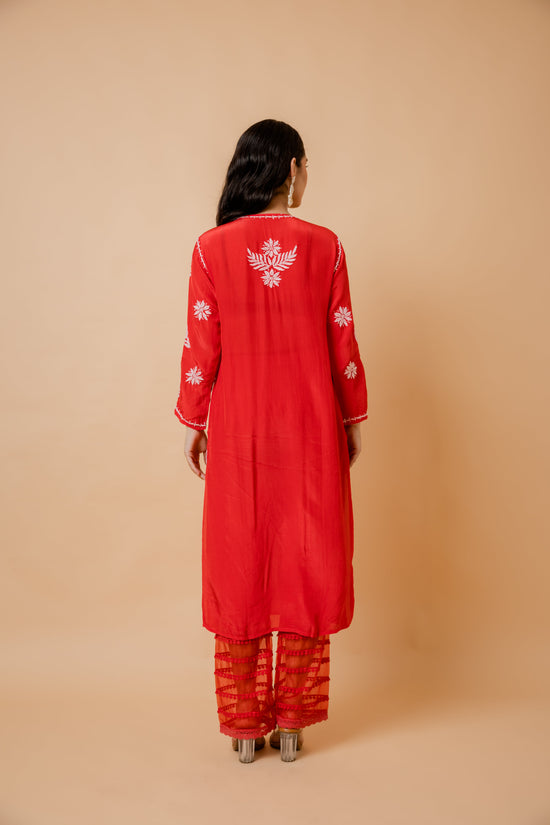 Sanya in Chikankari Crepe Silk Kurta for Women in Red Notch Neck