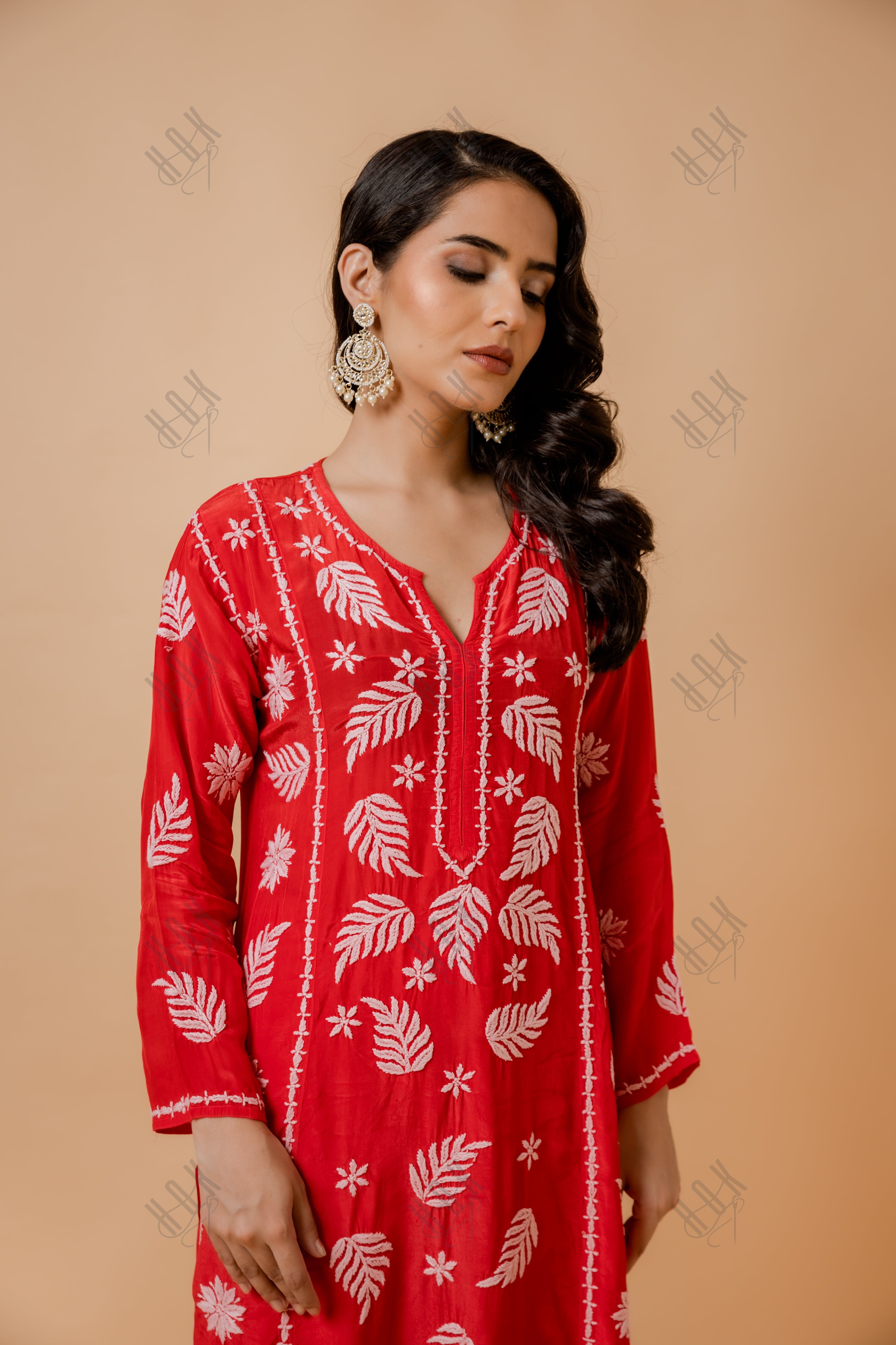 Fizaa Chikankari Crepe Silk Kurta for Women in Red Notch Neck