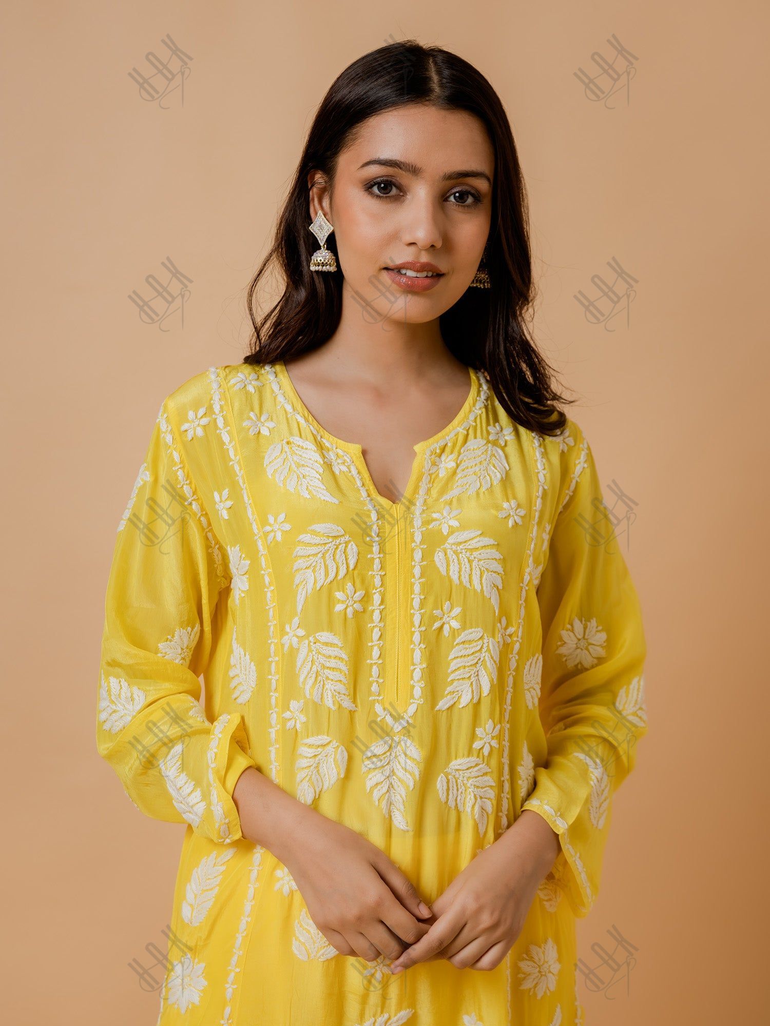 Fizaa Chikankari Crepe Silk Kurta Set for Women in Yellow