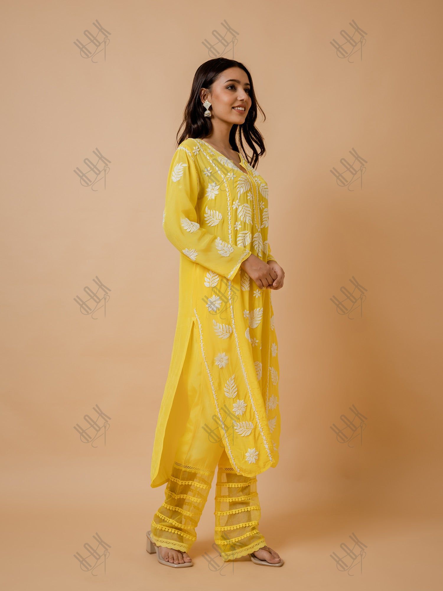 Fizaa Chikankari Crepe Silk Kurta Set for Women in Yellow