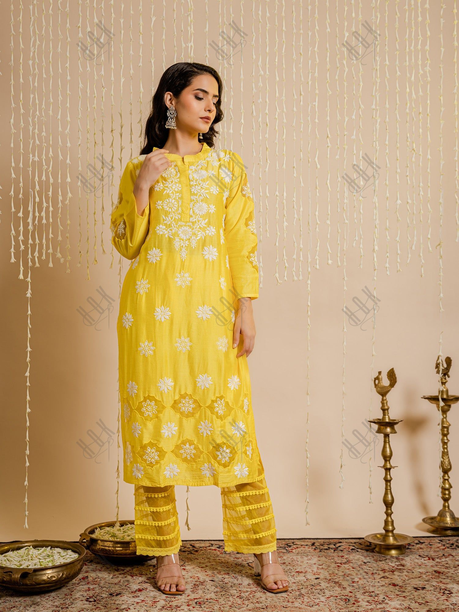 Fizaa Yellow Chikankari Chanderi Silk Kurta Set