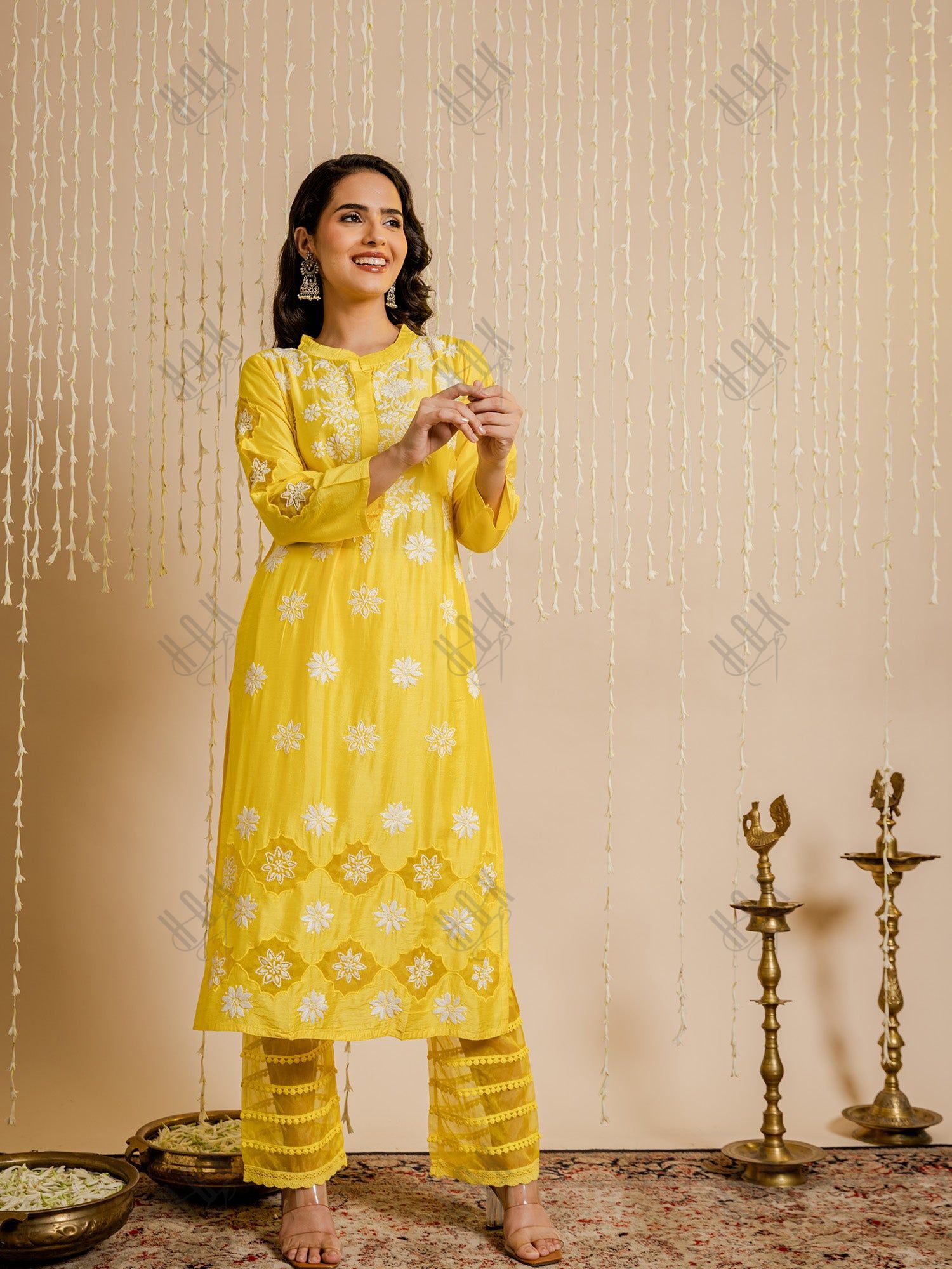 Fizaa Yellow Chikankari Chanderi Silk Kurta