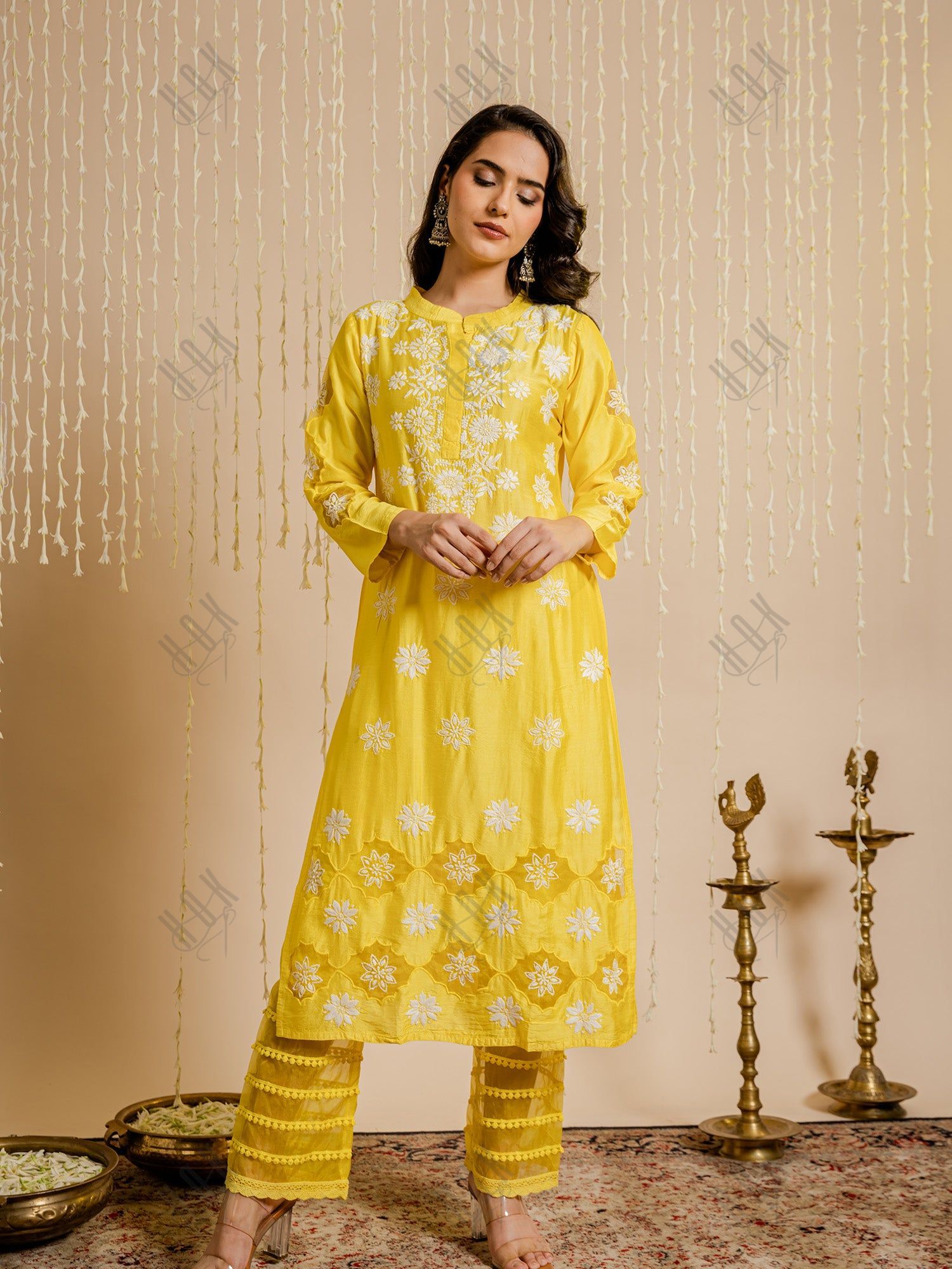 Fizaa Yellow Chikankari Chanderi Silk Kurta