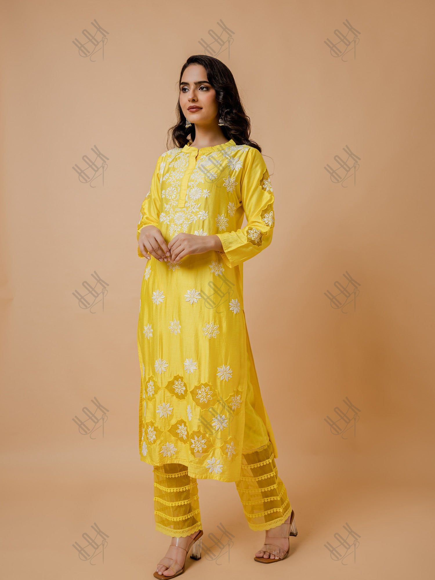 Fizaa Yellow Chikankari Chanderi Silk Kurta Set