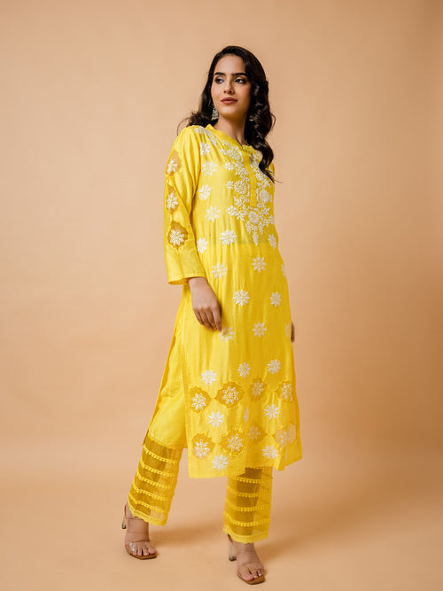 Fizaa Yellow Chikankari Chanderi Silk Kurta Set