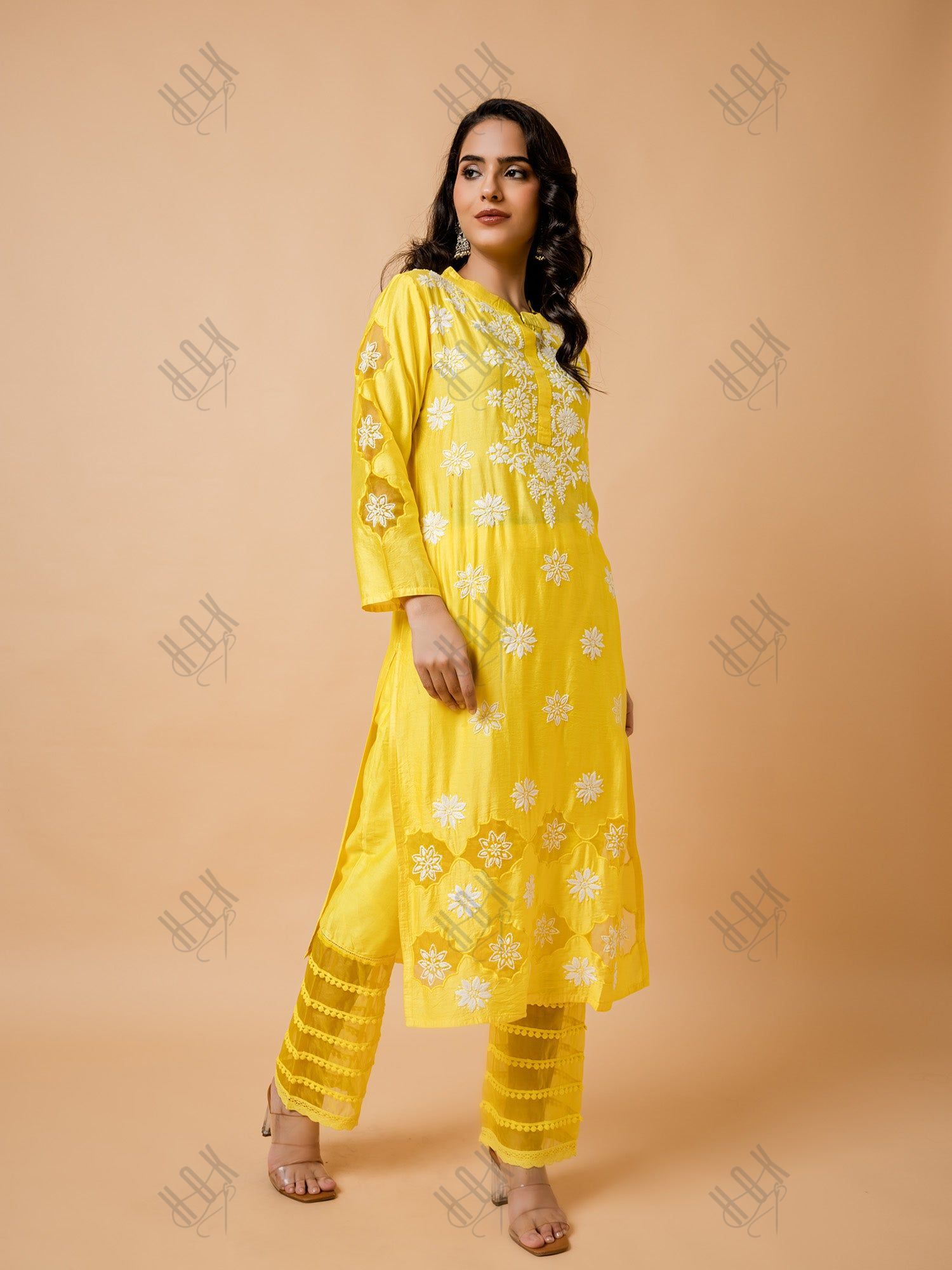 Fizaa Yellow Chikankari Chanderi Silk Kurta