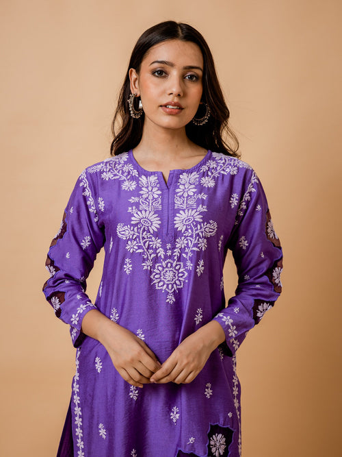 Purple Chikankari Chanderi Silk Kurta Set by Fizaa