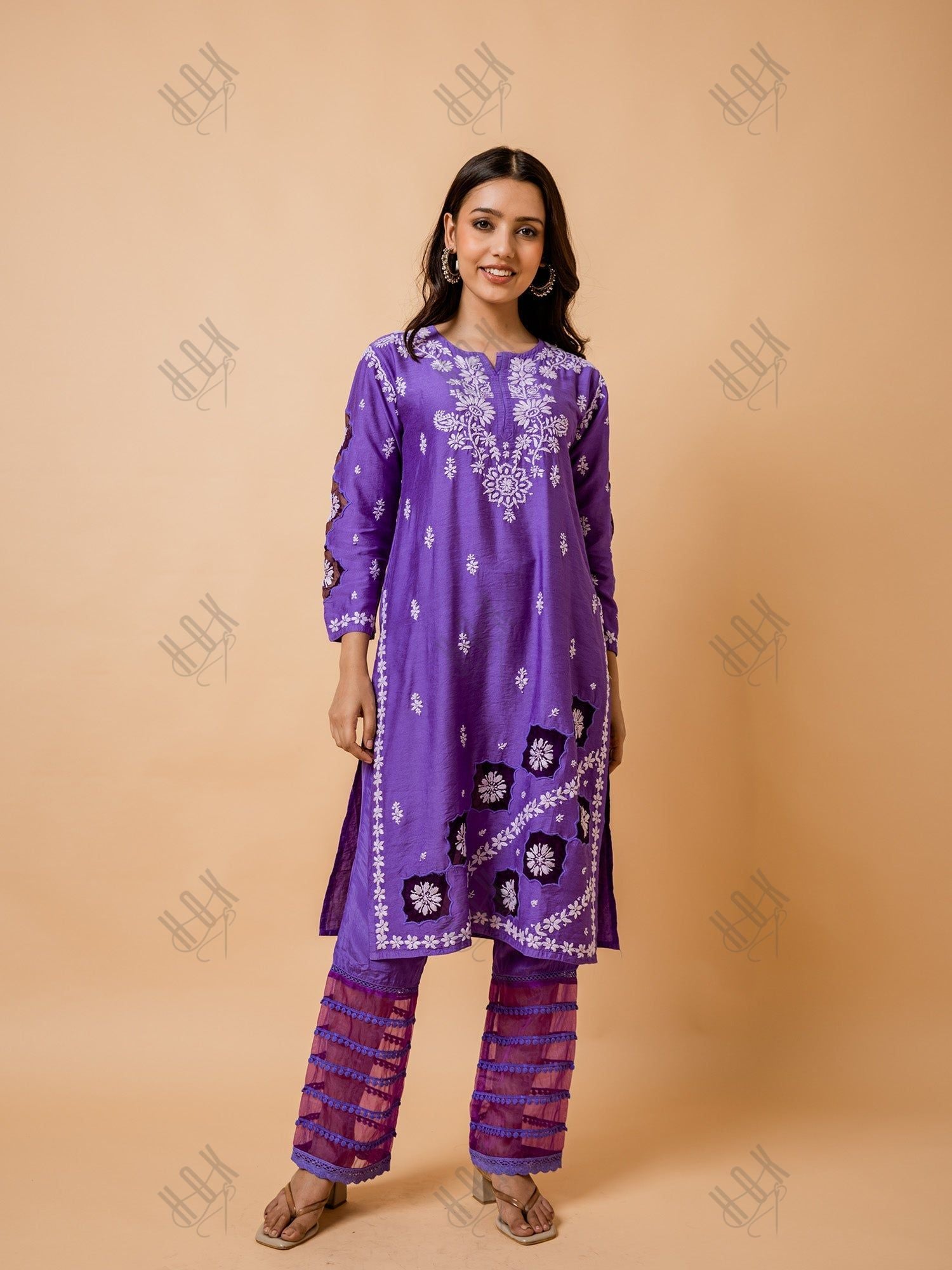 Purple Chikankari Chanderi Silk Kurta Set by Fizaa