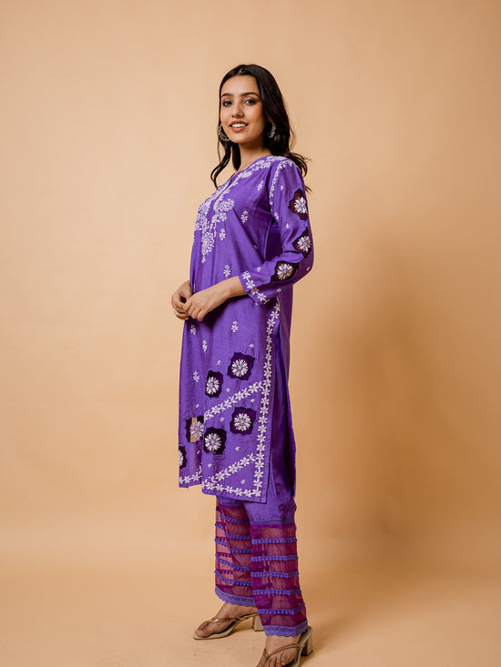 Purple Chikankari Chanderi Silk Kurta Set by Fizaa