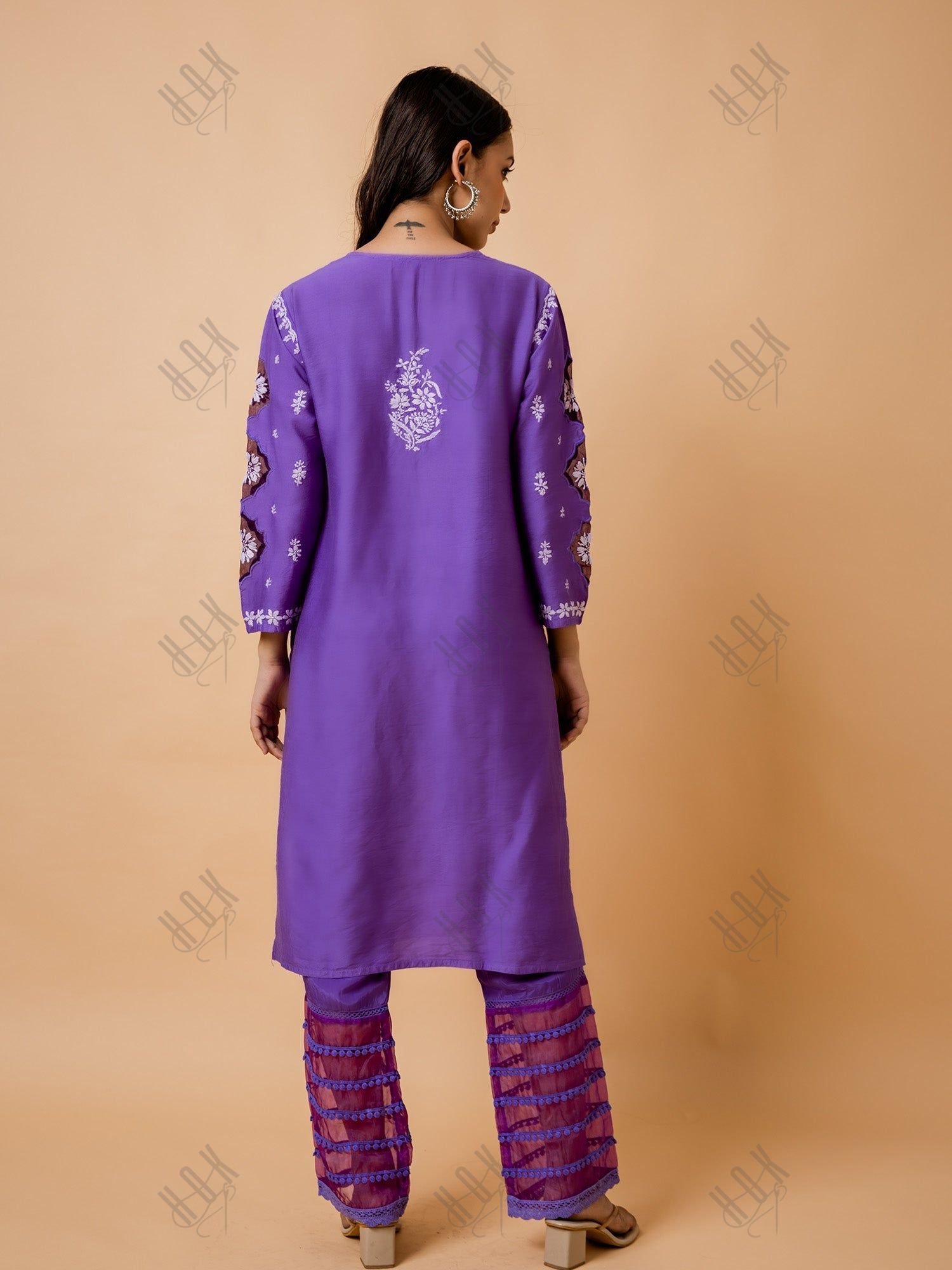 Purple Chikankari Chanderi Silk Kurta Set by Fizaa