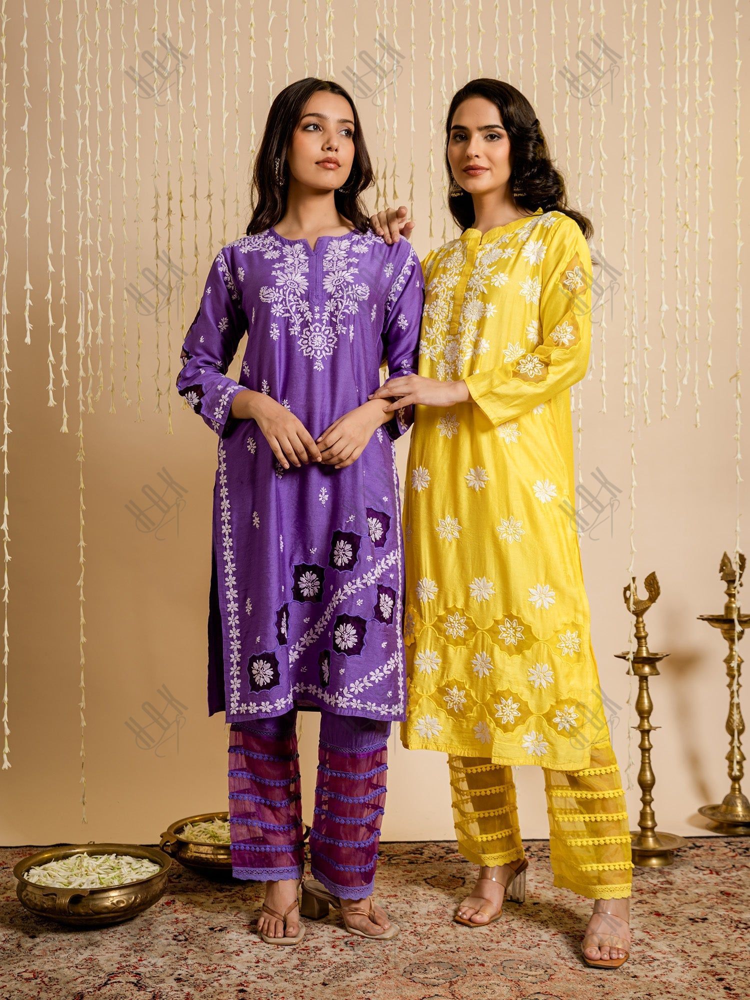 Purple Chikankari Chanderi Silk Kurta Set by Fizaa