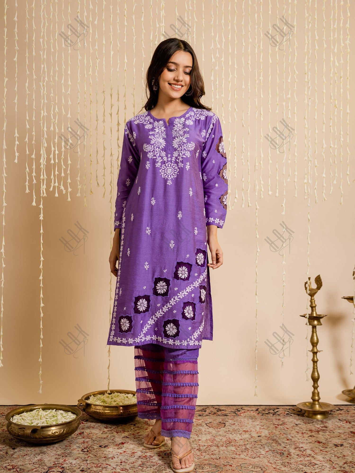 Purple Chikankari Chanderi Silk Kurta Set by Fizaa