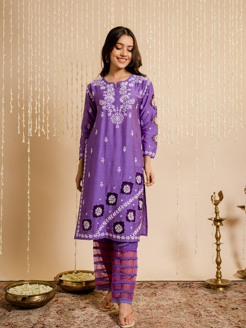 Buy Green embroidered chanderi silk kurta with pants - Set 2
