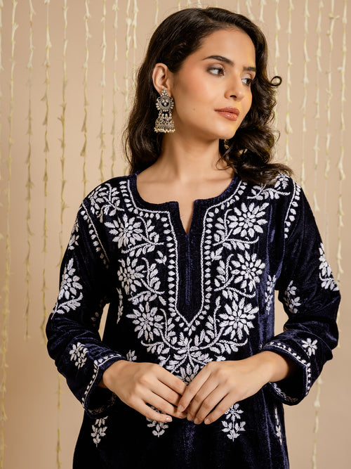 Mesmerizing Royal Blue Colour Rayon Silk Kurti With Beautiful Aari