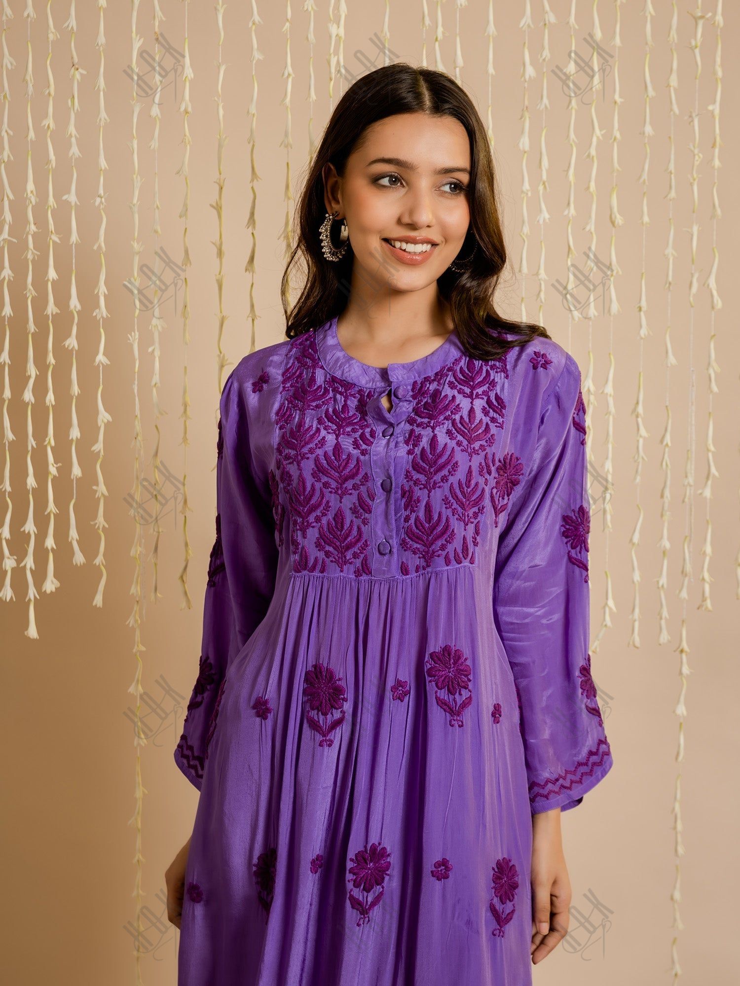 Ada in Chikankari Crepe Silk Kurta for Women in Purple Spraed Collar