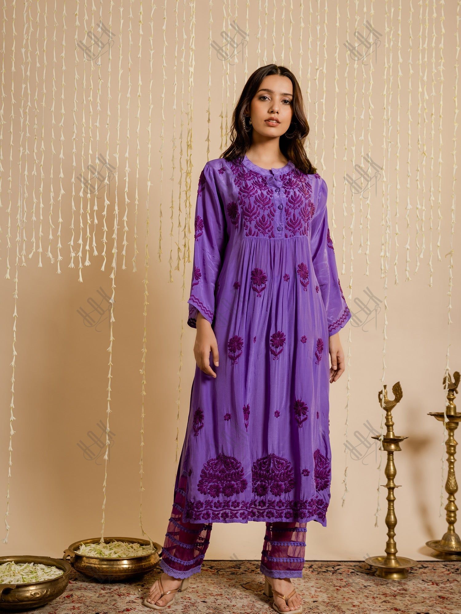 Ada in Chikankari Crepe Silk Kurta for Women in Purple Spraed Collar