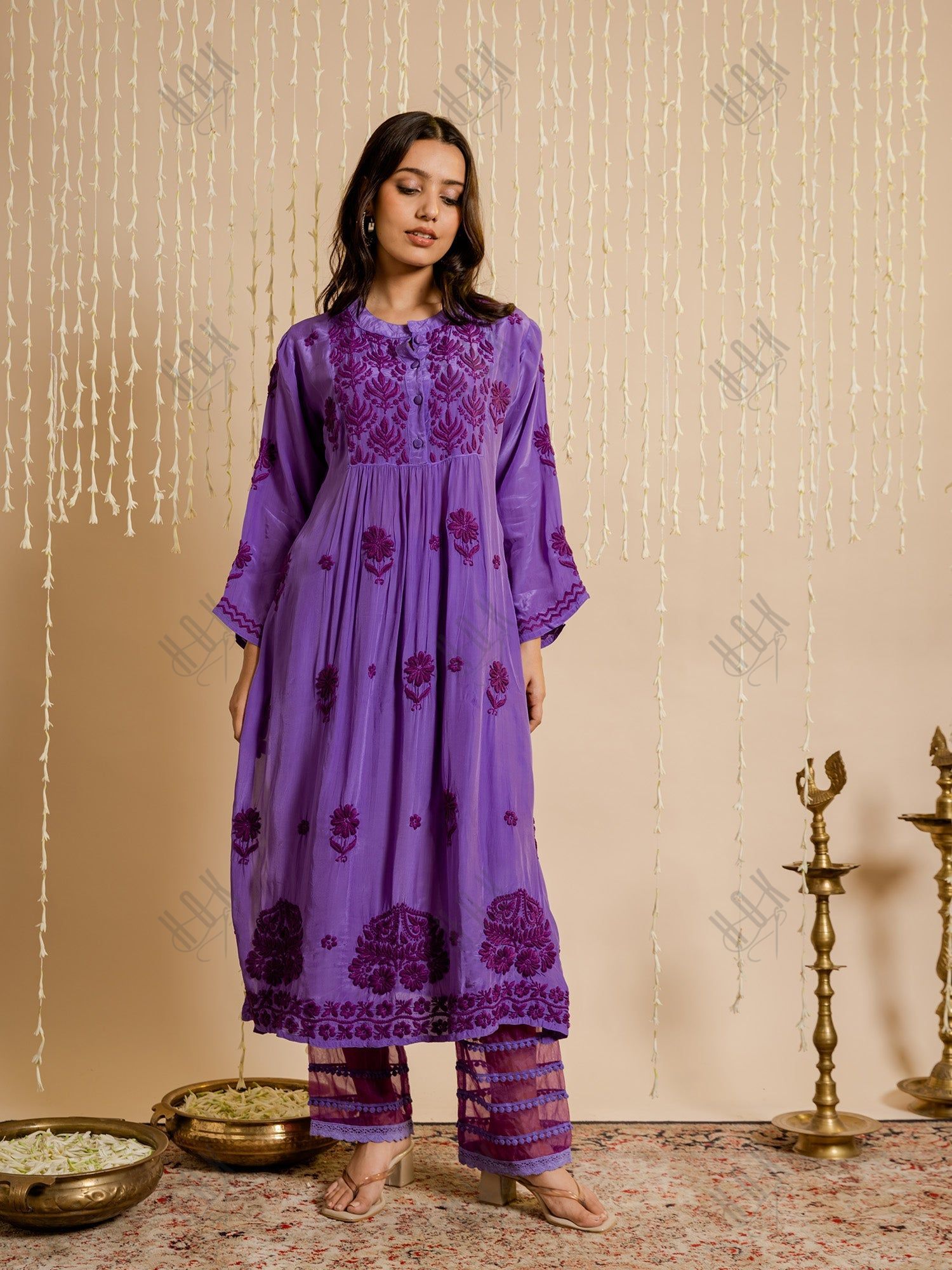 Ada in Chikankari Crepe Silk Kurta for Women in Purple Spraed Collar