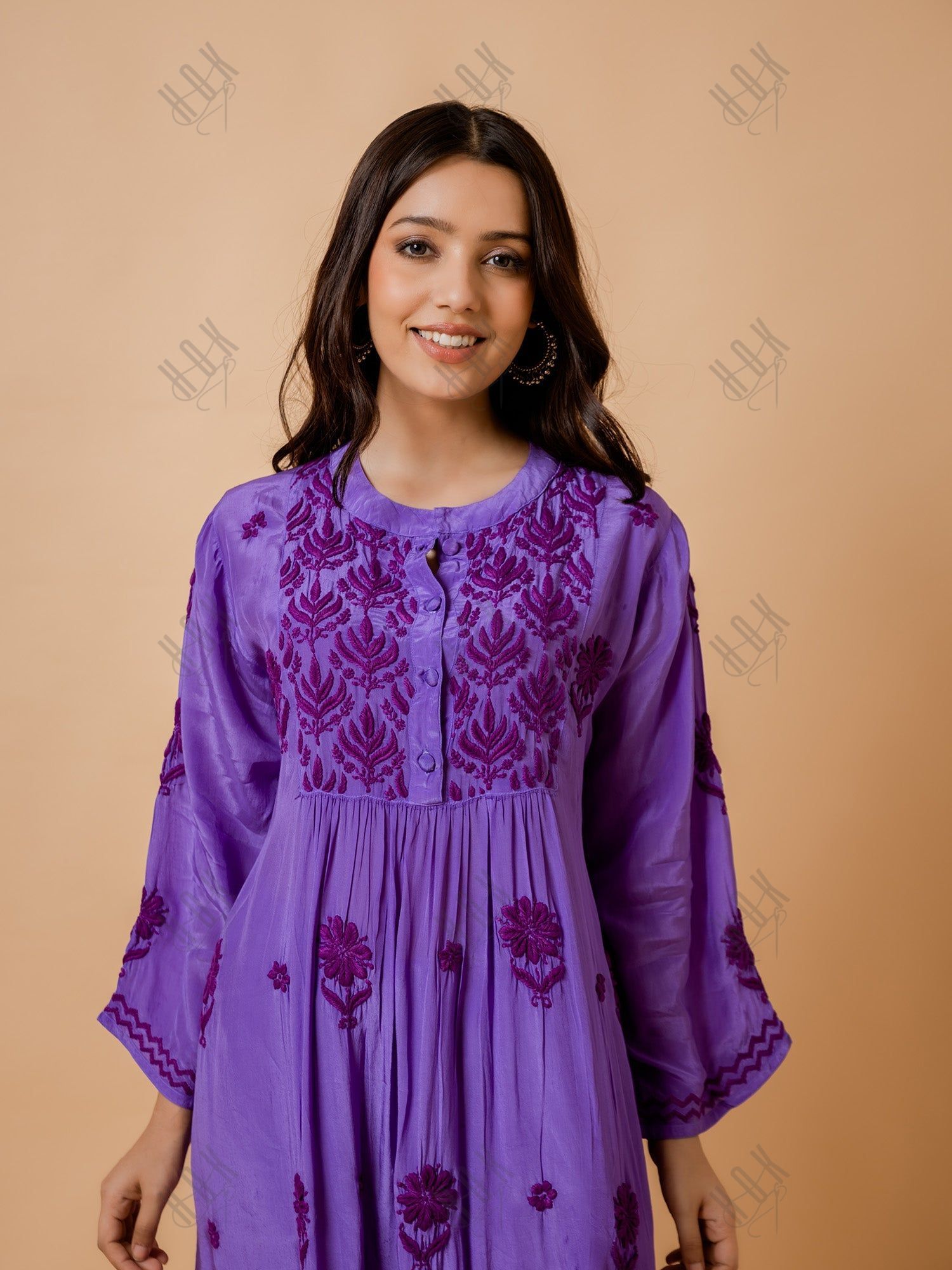 Ada in Chikankari Crepe Silk Kurta for Women in Purple Spraed Collar