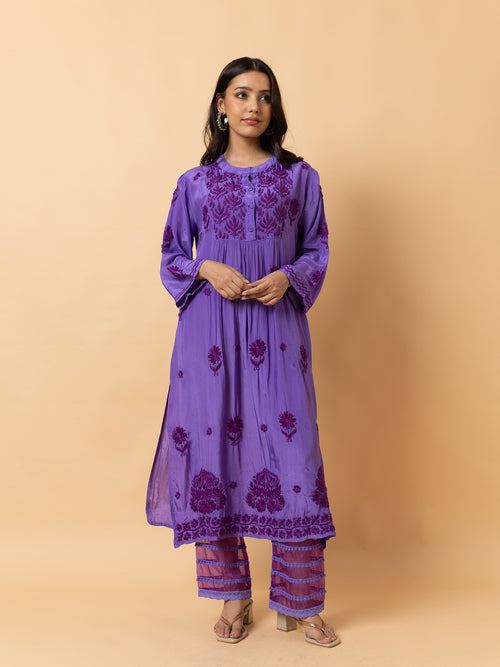 Fizaa Chikankari Crepe Silk Kurta for Women in Purple Spraed Collar