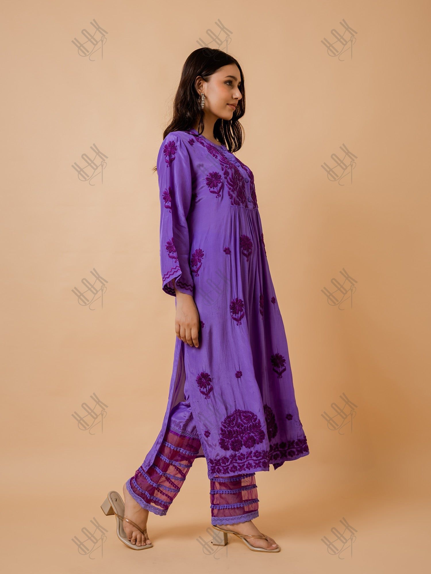 Ada in Chikankari Crepe Silk Kurta for Women in Purple Spraed Collar