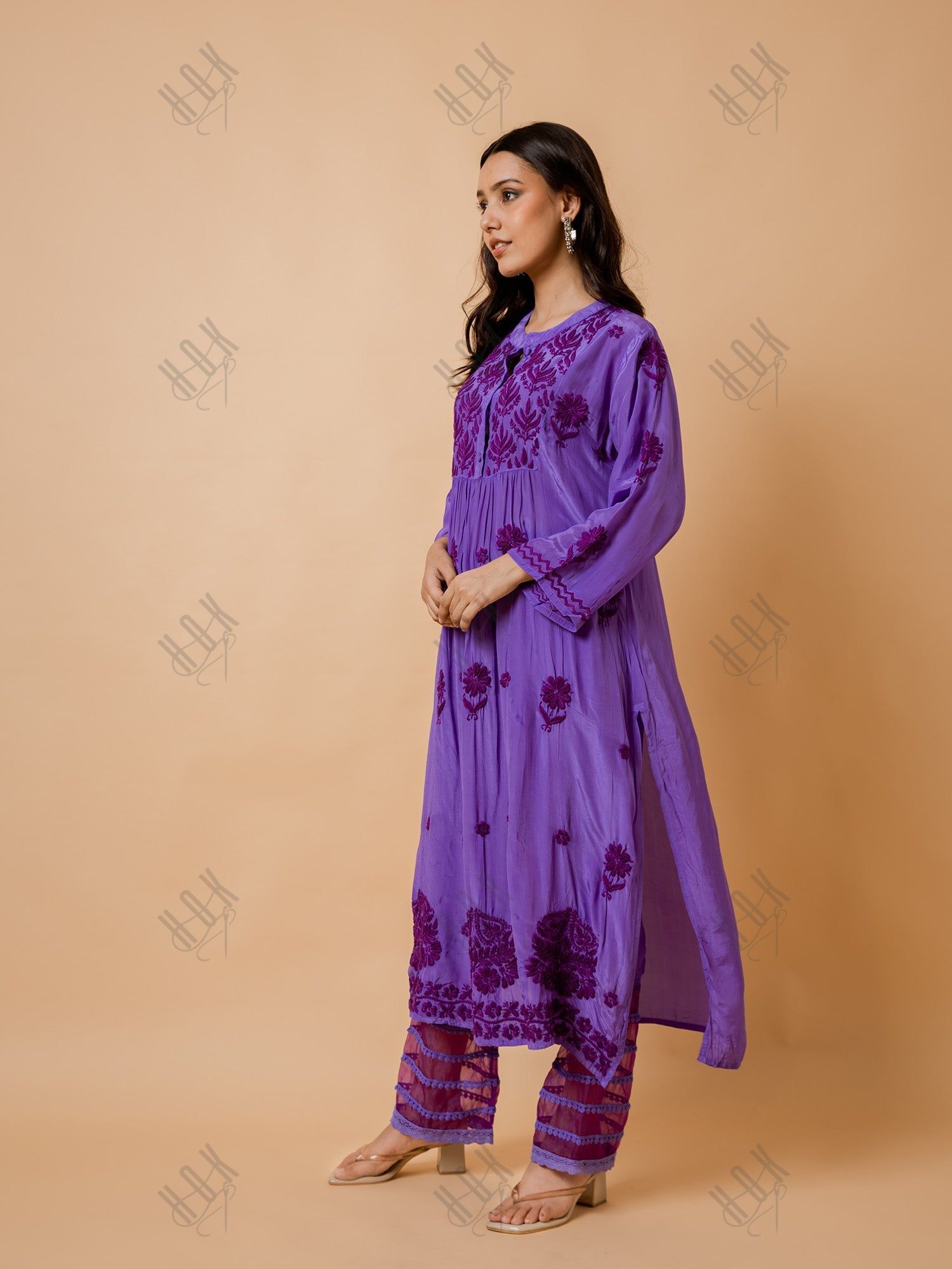 Ada in Chikankari Crepe Silk Kurta for Women in Purple Spraed Collar