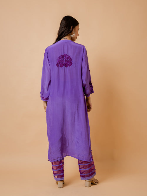 Ada in Chikankari Crepe Silk Kurta for Women in Purple Spraed Collar