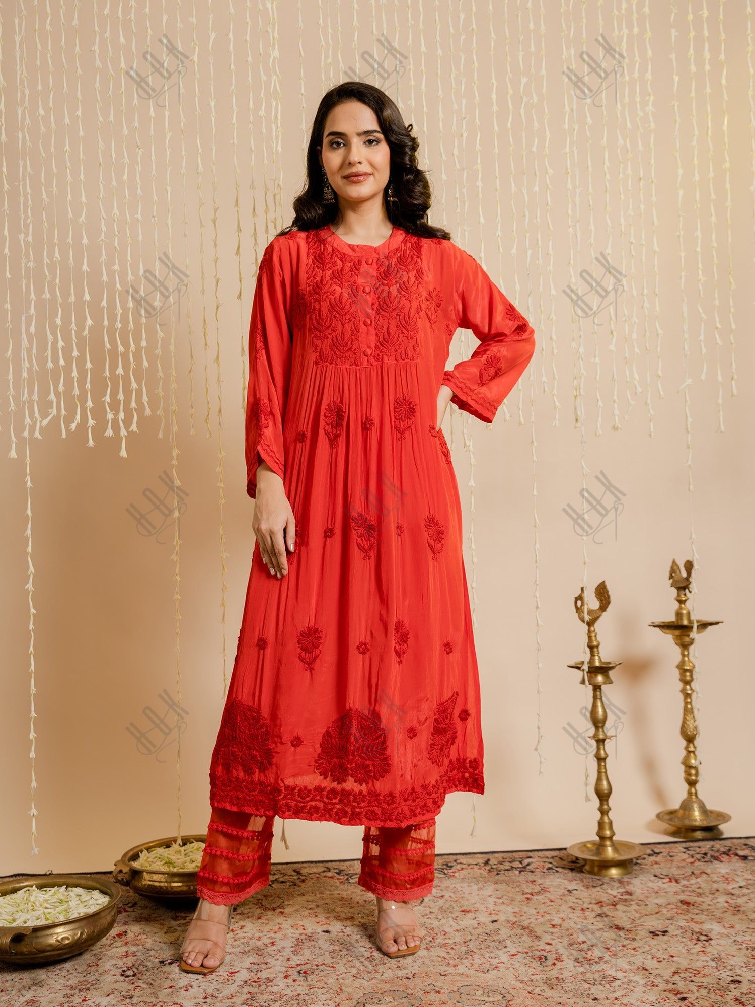 Fizaa Chikankari Crepe Silk Kurta for Women in Red Spraed Collar