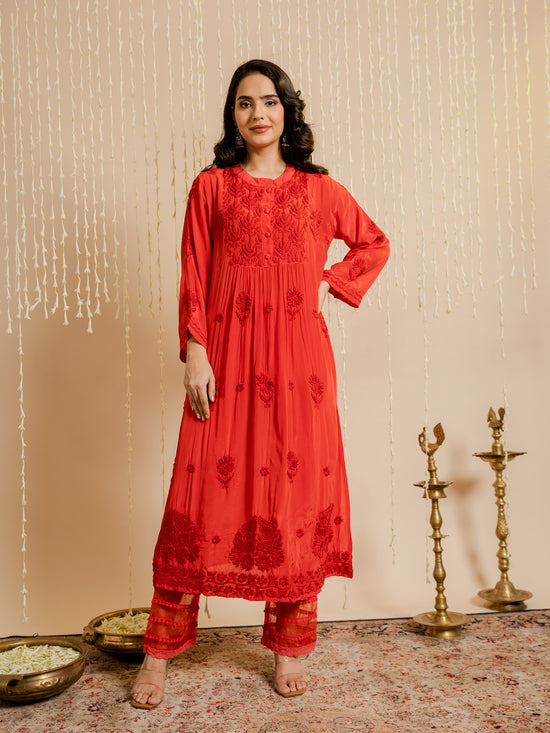 Fizaa Chikankari Crepe Silk Kurta Set for Women in Red