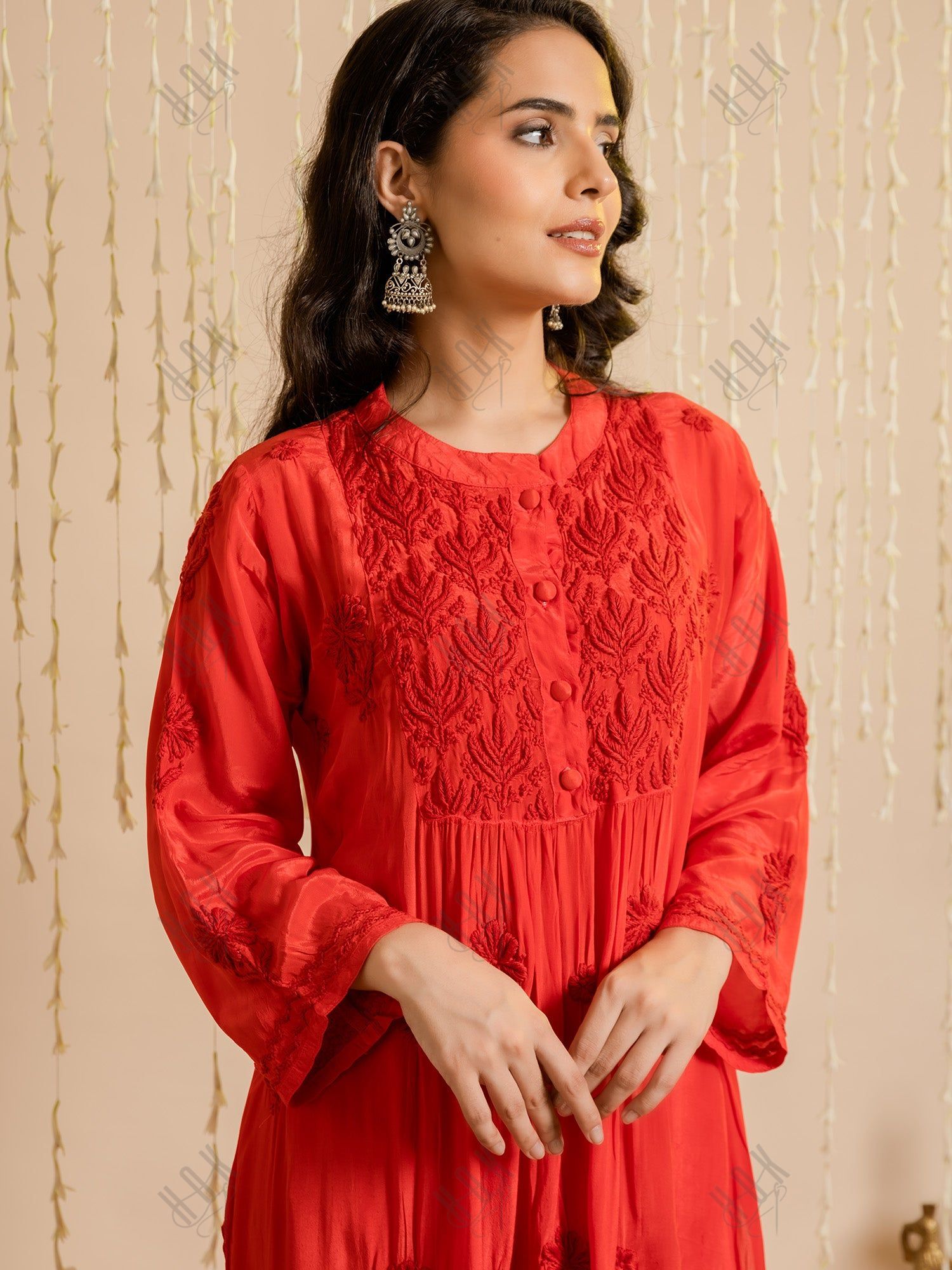 Fizaa Chikankari Crepe Silk Kurta for Women in Red Spraed Collar