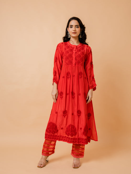 Fizaa Chikankari Crepe Silk Kurta for Women in Red Spraed Collar