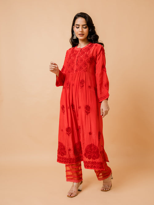 Load image into Gallery viewer, Fizaa Chikankari Crepe Silk Kurta Set for Women in Red
