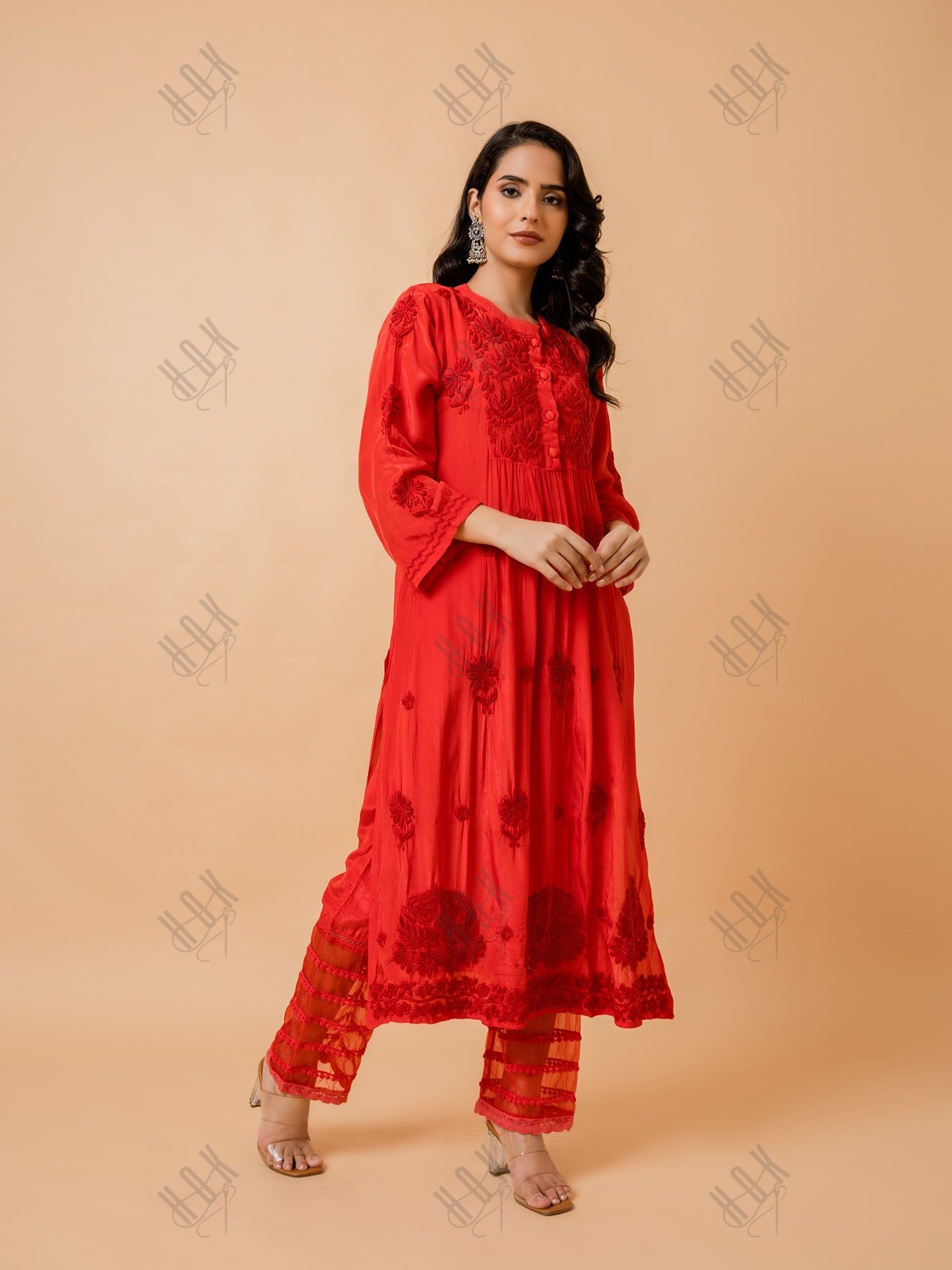 Fizaa Chikankari Crepe Silk Kurta for Women in Red Spraed Collar