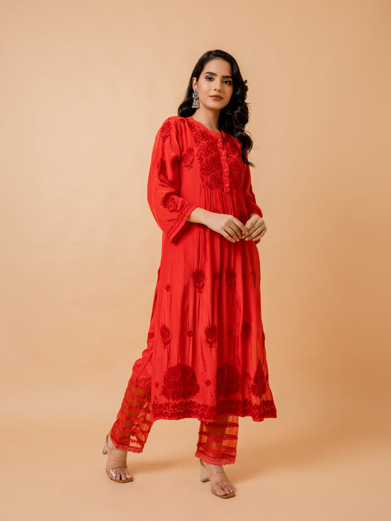 Load image into Gallery viewer, Fizaa Chikankari Crepe Silk Kurta Set for Women in Red
