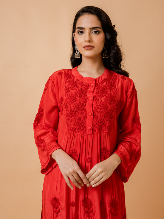 Fizaa Chikankari Crepe Silk Kurta for Women in Red Spraed Collar