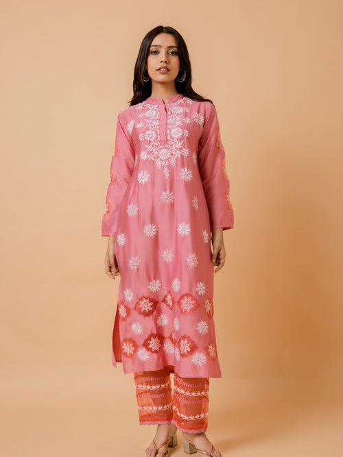 Load image into Gallery viewer, Urjaa in Fizaa Pink Chikankari Chanderi Silk Kurta
