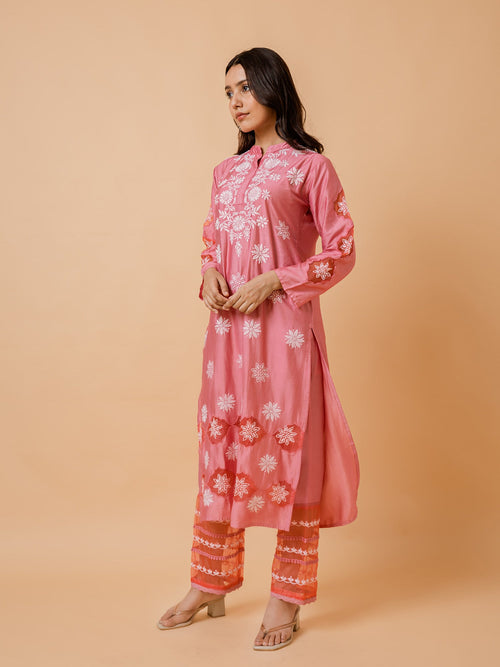 Load image into Gallery viewer, Urjaa in Fizaa Pink Chikankari Chanderi Silk Kurta
