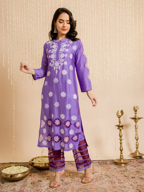 Farheen in HOK Chikankari Anarkali Kurti for Women - Lavender