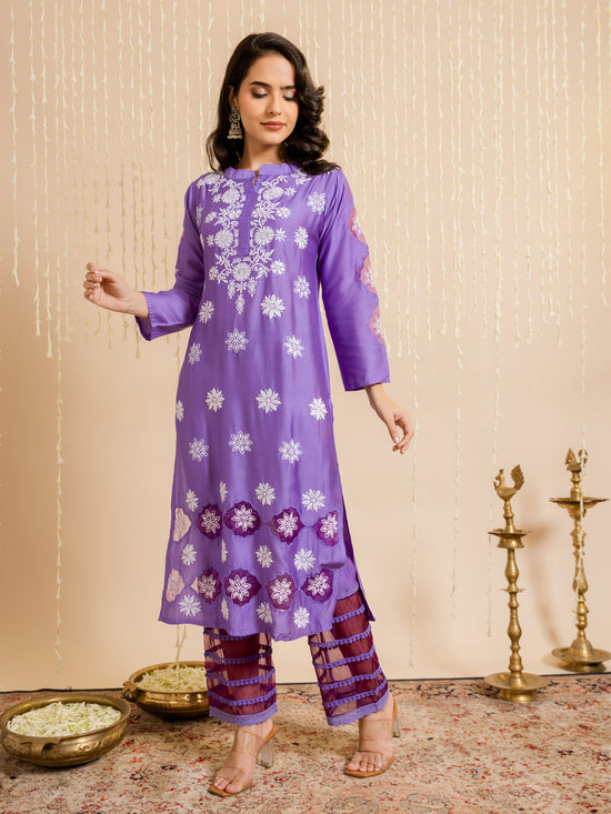 Load image into Gallery viewer, Fizaa Purple Chikankari Chanderi Silk Kurta
