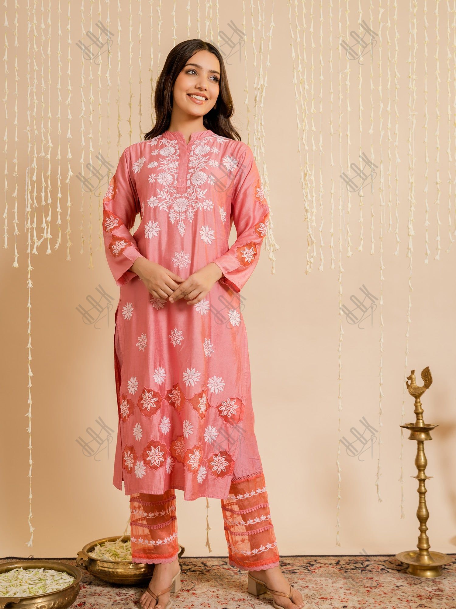 Fizaa Pink Chikankari Chanderi Silk Kurta Set