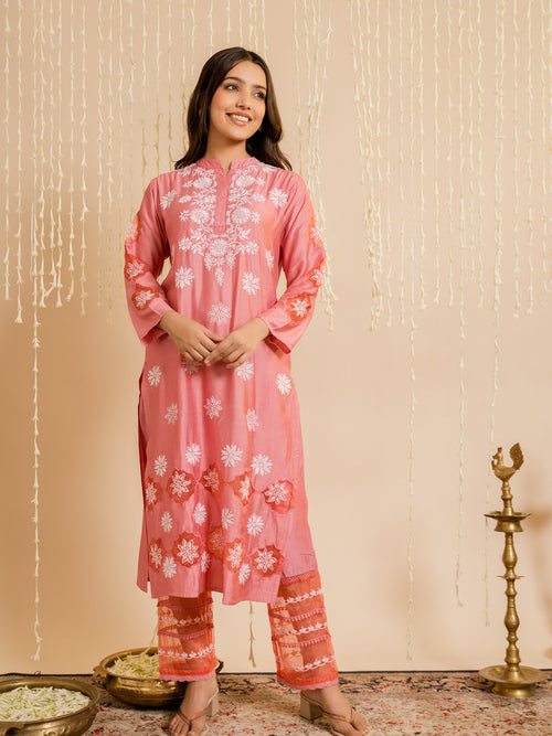 Load image into Gallery viewer, Fizaa Pink Chikankari Chanderi Silk Kurta Set
