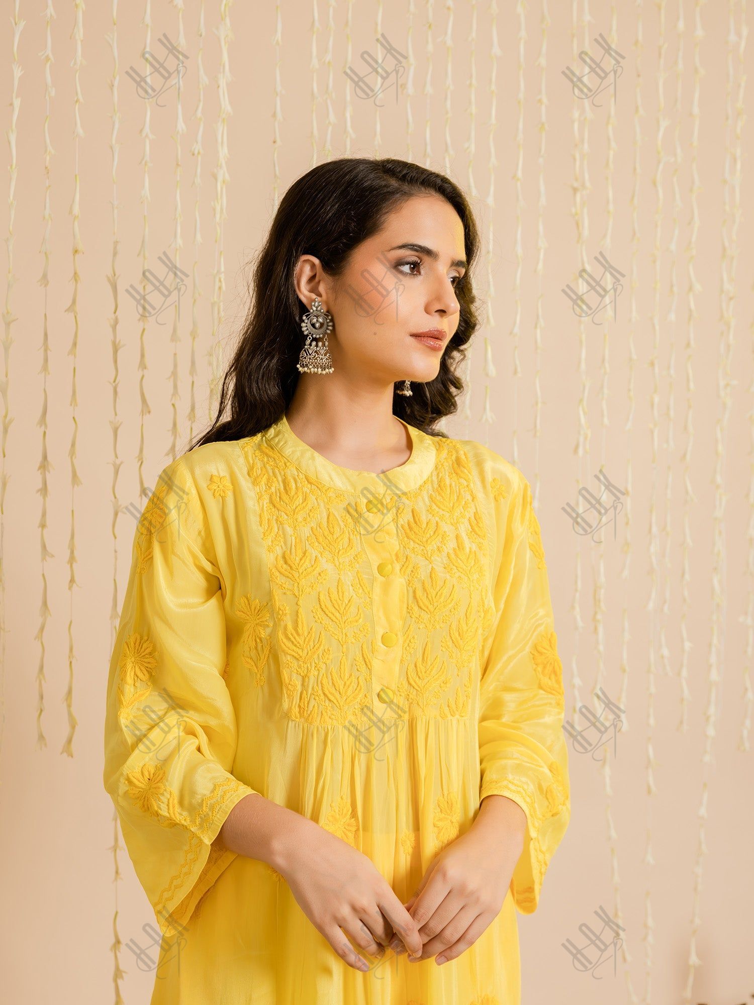 Fizaa Chikankari Crepe Silk Kurta for Women in Yellow Spraed Collar