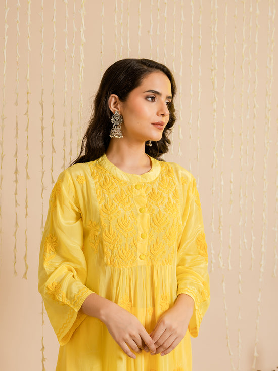 Load image into Gallery viewer, Fizaa Chikankari Crepe Silk Kurta for Women in Yellow Spraed Collar
