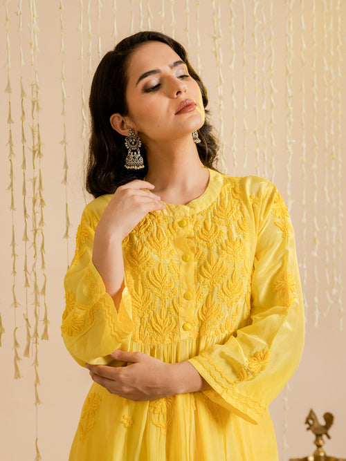 Load image into Gallery viewer, Fizaa Chikankari Crepe Silk Kurta for Women in Yellow Spraed Collar
