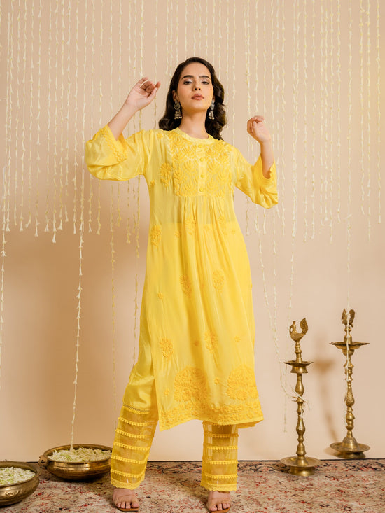 Load image into Gallery viewer, Hrishta in Fizaa Chikankari Crepe Silk Kurta Set for Women Yellow
