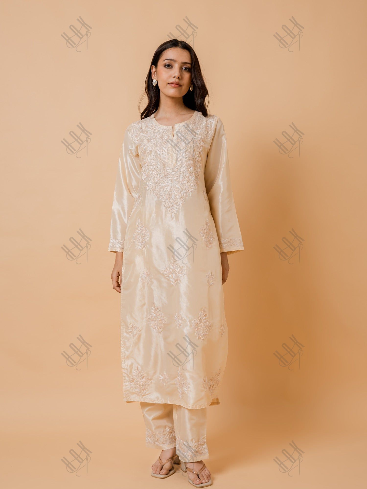 Saba Silk Chikankari Kurta Set for Women - Beige