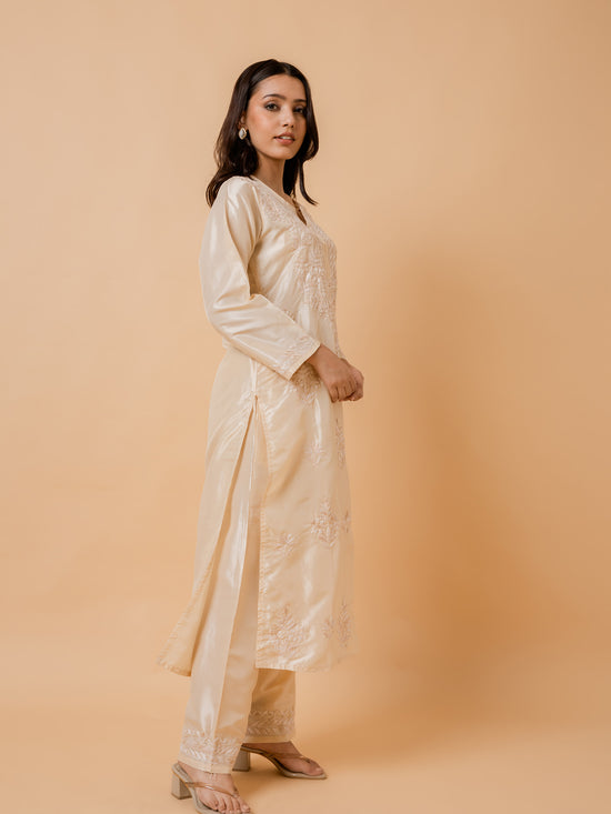 Load image into Gallery viewer, Fizaa&amp;#39;s Silk Chikankari Kurta Set for Women - Beige
