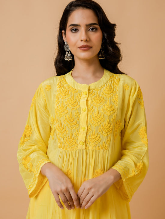 Hrishta in Fizaa Chikankari Crepe Silk Kurta Set for Women Yellow