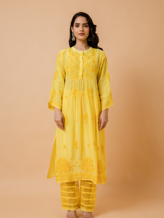 Fizaa Chikankari Crepe Silk Kurta for Women in Yellow Spraed Collar