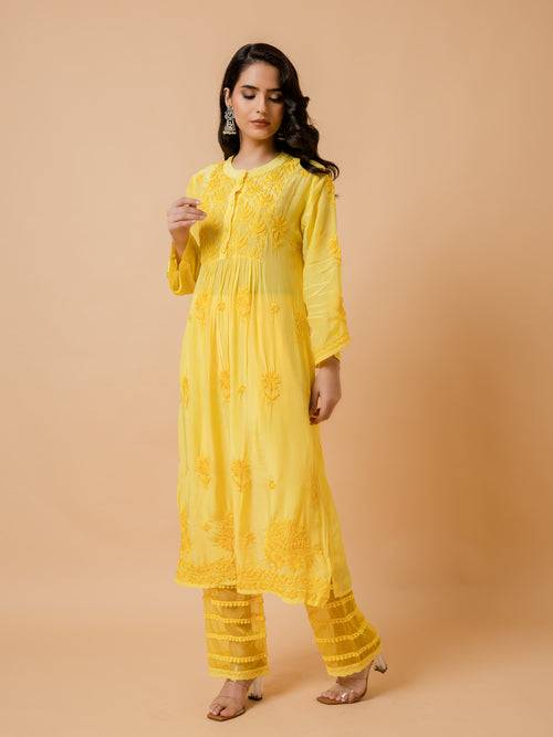 Fizaa Chikankari Crepe Silk Kurta for Women in Yellow Spraed Collar